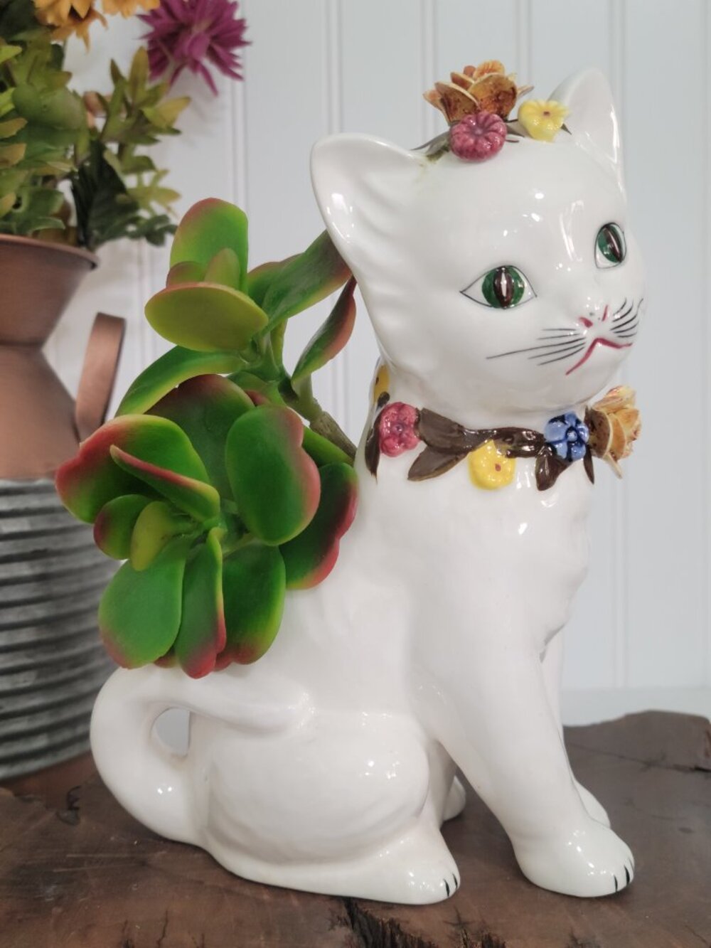 Vtg Retro Kitschy MCM Cottagecore White Ceramic Cat Kitten 3D Floral Planter - Picture 6 of 12